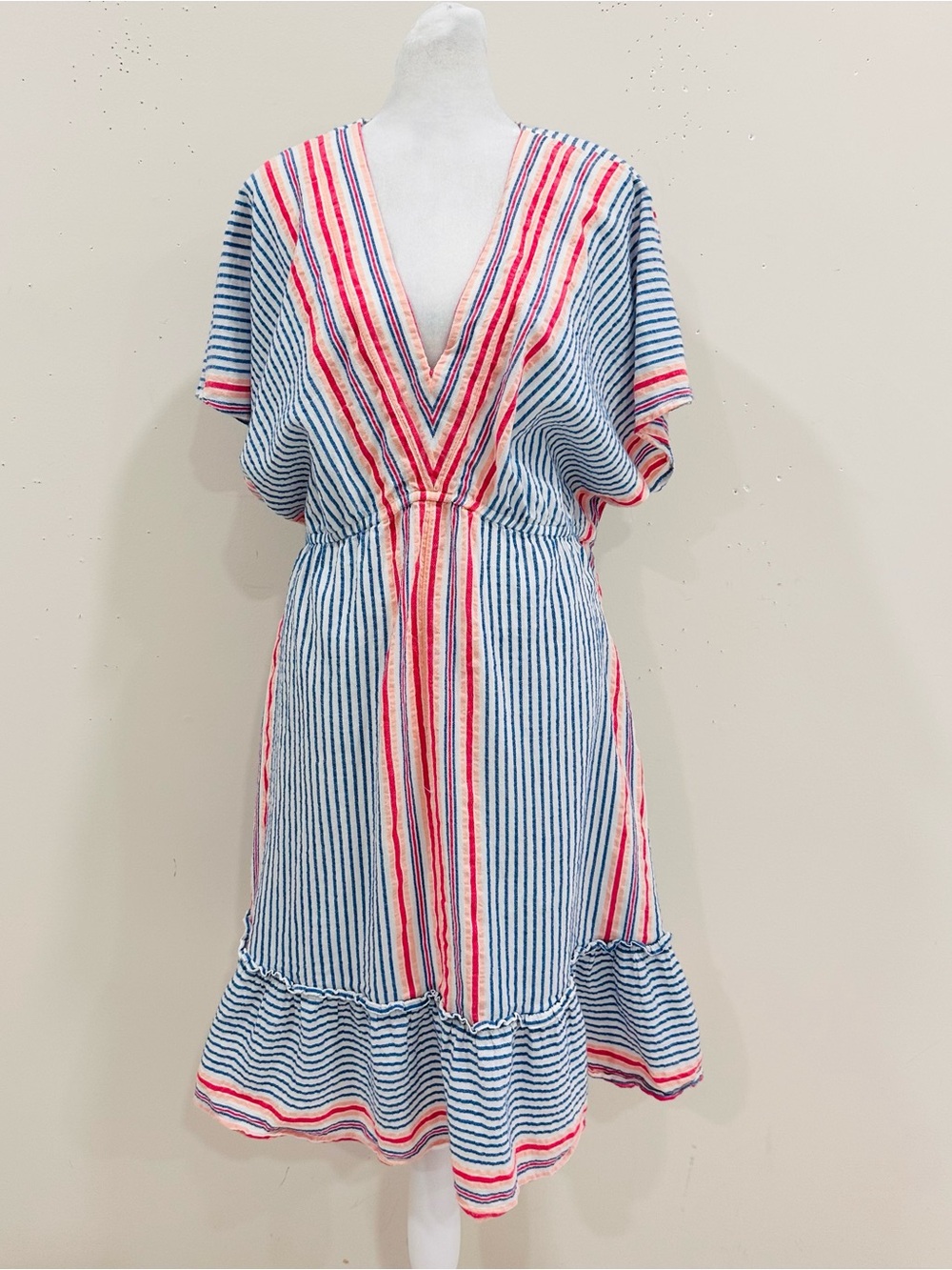 LOFT Beach Striped Flounce V-Neck Swimsuit Coverup Dress Pink Blue White Size L
